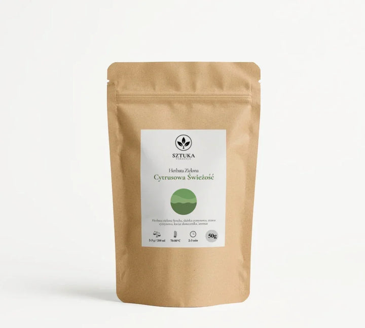 Beżowy doypack o kolorze papieru Craft z herbatą cytrynową z senchą Imbir z cytryna
